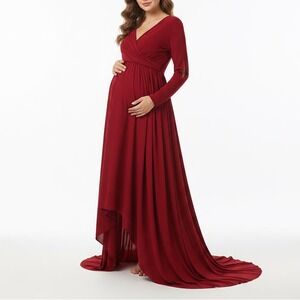 OrderPlus Red Maternity Gown XL Long Sleeve Wrap V-Neck High-Low Maxi Dress